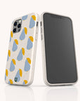 Two smartphones in Pears Biodegradable Eco-Friendly Phone Cases rest against a white background, featuring a playful blue and yellow pear pattern. One phone showcases the vibrant design, while the other displays a black screen, highlighting the sustainable style of these eco-friendly cases.