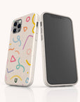 Two smartphones display the Confetti Eco-Friendly Phone Case in speckled beige, featuring vibrant abstract squiggles, lines, and shapes. One phone showcases the unique back design, while the other shows its blank black screen turned forward. These sustainable cases are compatible with both iPhone and Samsung devices.