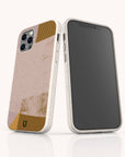 Two smartphones in beige Caramel Abstract Strokes Eco-Friendly Phone Cases featuring modern abstract gold and pink designs. One phone highlights the front screen, while the other showcases the geometric pattern on the back of the case. Both are positioned upright on a white surface, providing sustainable protection and stylish flair for iPhone and Samsung compatible devices.