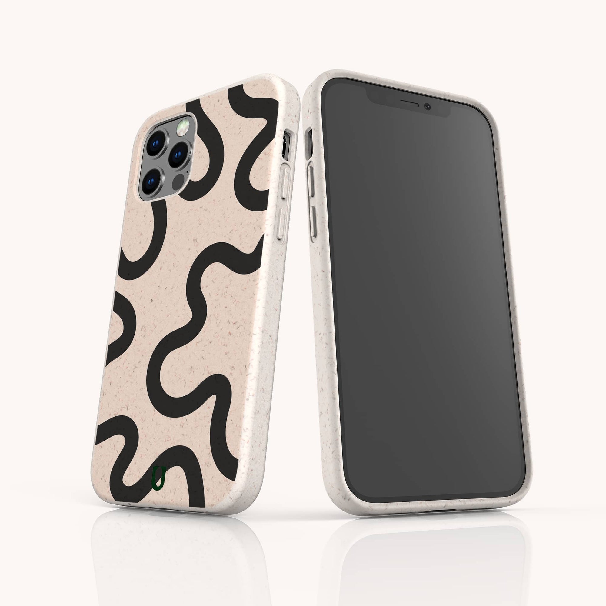 Two smartphones with Black Swirl Lines Eco-Friendly Phone Cases in beige compostable material; one displays the back’s bold black swirl design, while the other shows the front screen.