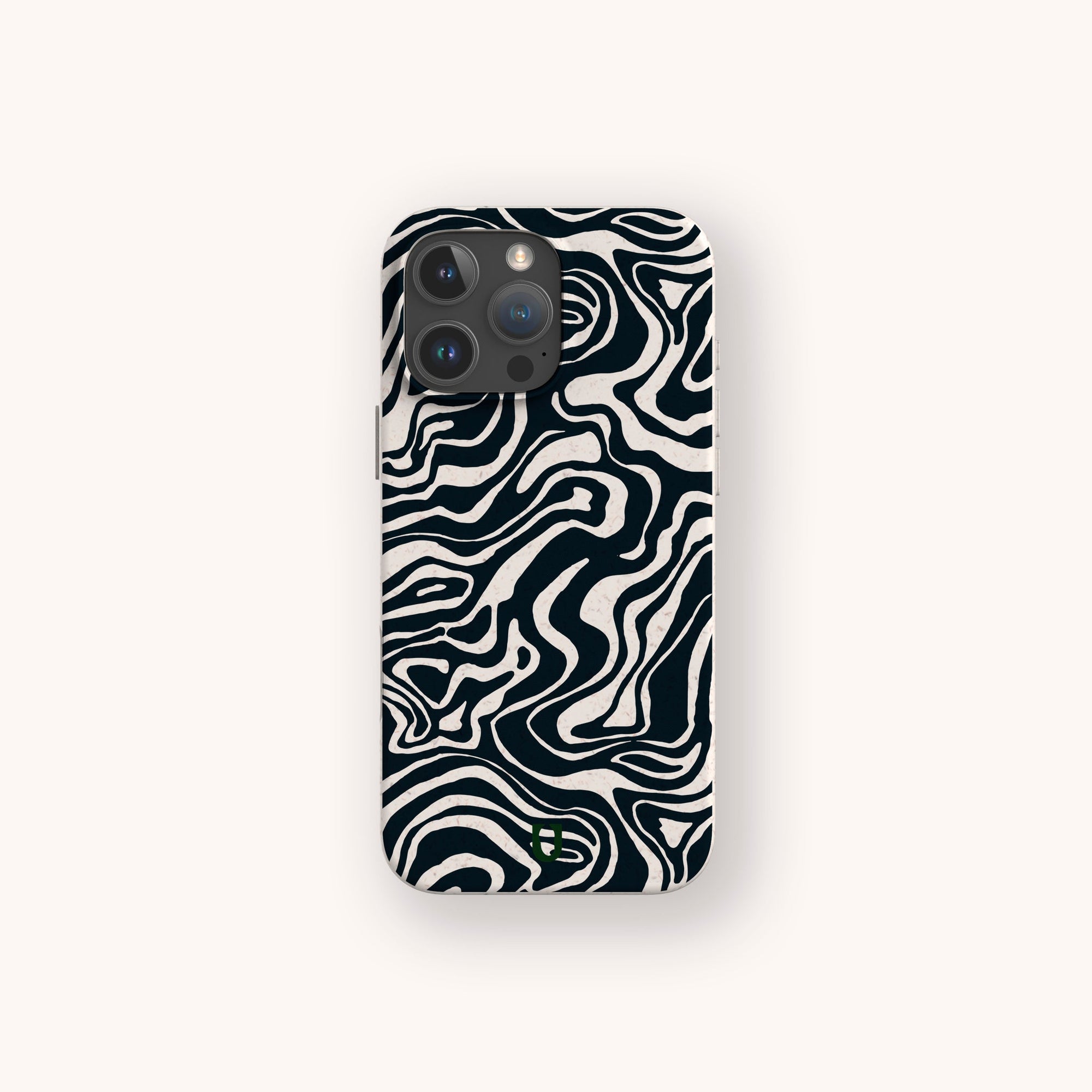 The Black Marble Swirl Eco-Friendly Phone Case features a compostable design with a black and white abstract wavy pattern resembling zebra stripes or marble, set on a light beige background.