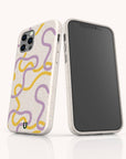 Two smartphones with Purple and Yellow Swirls Eco-Friendly Biodegradable Phone Cases, featuring white backgrounds with abstract purple and yellow squiggle designs, displayed side by side.