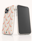 The Pink Bananas Eco-Friendly Phone Case, shown on iPhone and Samsung Galaxy models, features a pink and yellow banana pattern on an off-white, biodegradable case. One displays the design; the other shows the phone's front.