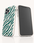 Two Green Zebra Stripes Eco-Friendly Phone Cases in white are shown: one facing front to display the screen, and the other angled to reveal the back’s triple camera and bold green zebra stripe pattern. Each case features a small logo near the bottom and is crafted from biodegradable materials, making these cases a stylish choice for conscious consumers.