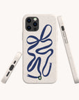The Blue Bow Ribbon Eco-Friendly Phone Case is beige with a blue abstract snake-like line drawing, made from sustainable materials. Shown from back, side, and bottom angles. Compatible with iPhone and Samsung Galaxy models.
