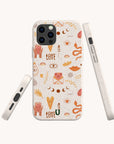 Three views of the Love Potion Eco-Friendly Phone Case, featuring a whimsical pattern with eyes, moons, hands, hearts, plants, snakes, and the words LOVE U in earthy tones on a light background. Perfect for sustainable gifting or anyone searching for a unique heart pattern phone case.