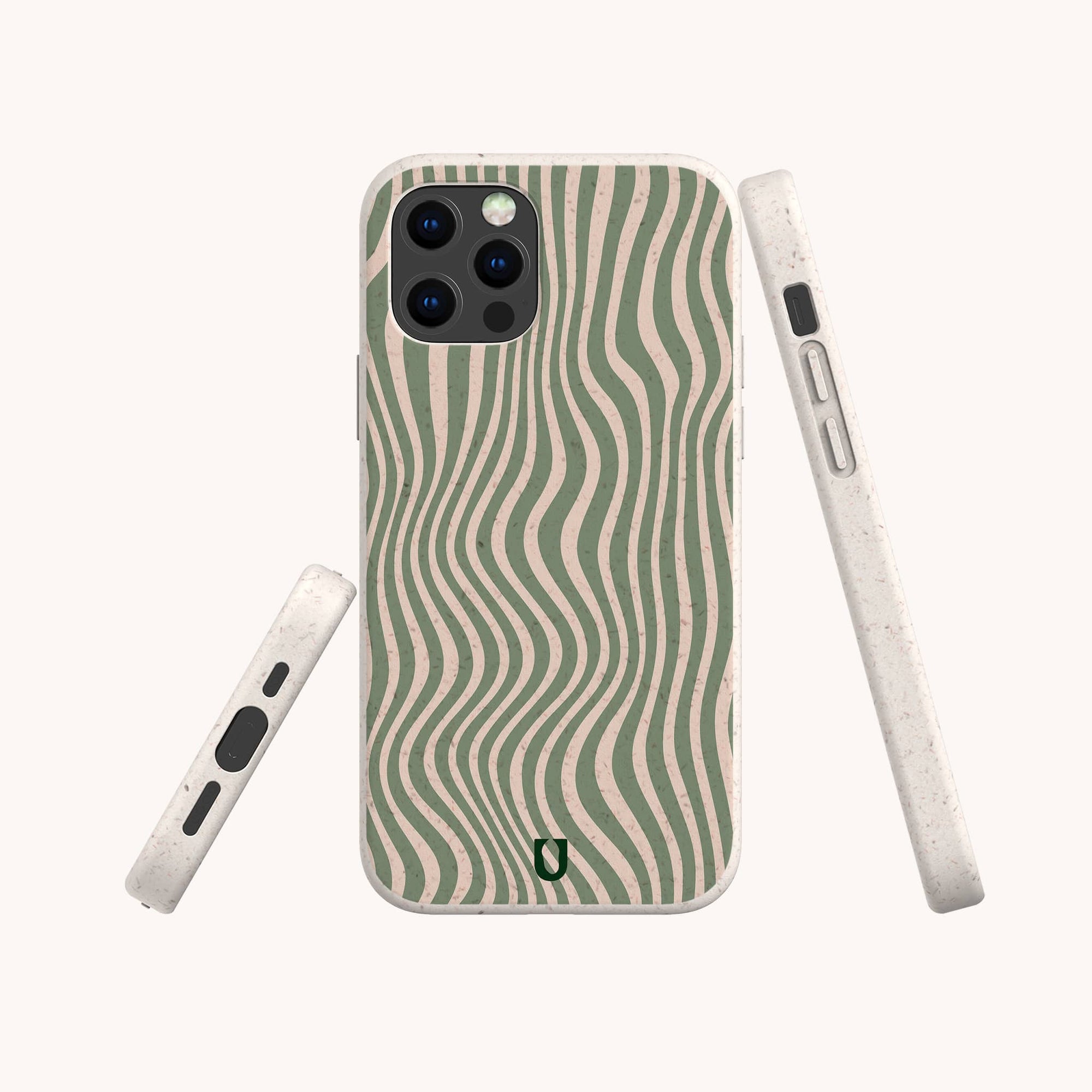 The Green Distorted Lines Eco-Friendly Phone Case, made with sustainable materials, features an abstract wavy green and beige pattern and is shown from back, side, and bottom angles. Compatible with iPhone and Samsung Galaxy models against a plain background.