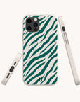 The Green Zebra Stripes Eco-Friendly Phone Case features a striking green and white wavy zebra stripe design and is displayed from various angles to showcase its camera cutout, buttons, and ports.