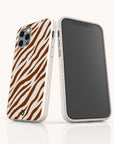 Two smartphones with Brown Zebra Eco-Friendly Phone Case featuring brown and white zebra stripes; one shows the back, one the front. The white-bordered cases have a small green logo and fit iPhone and Samsung Galaxy models.