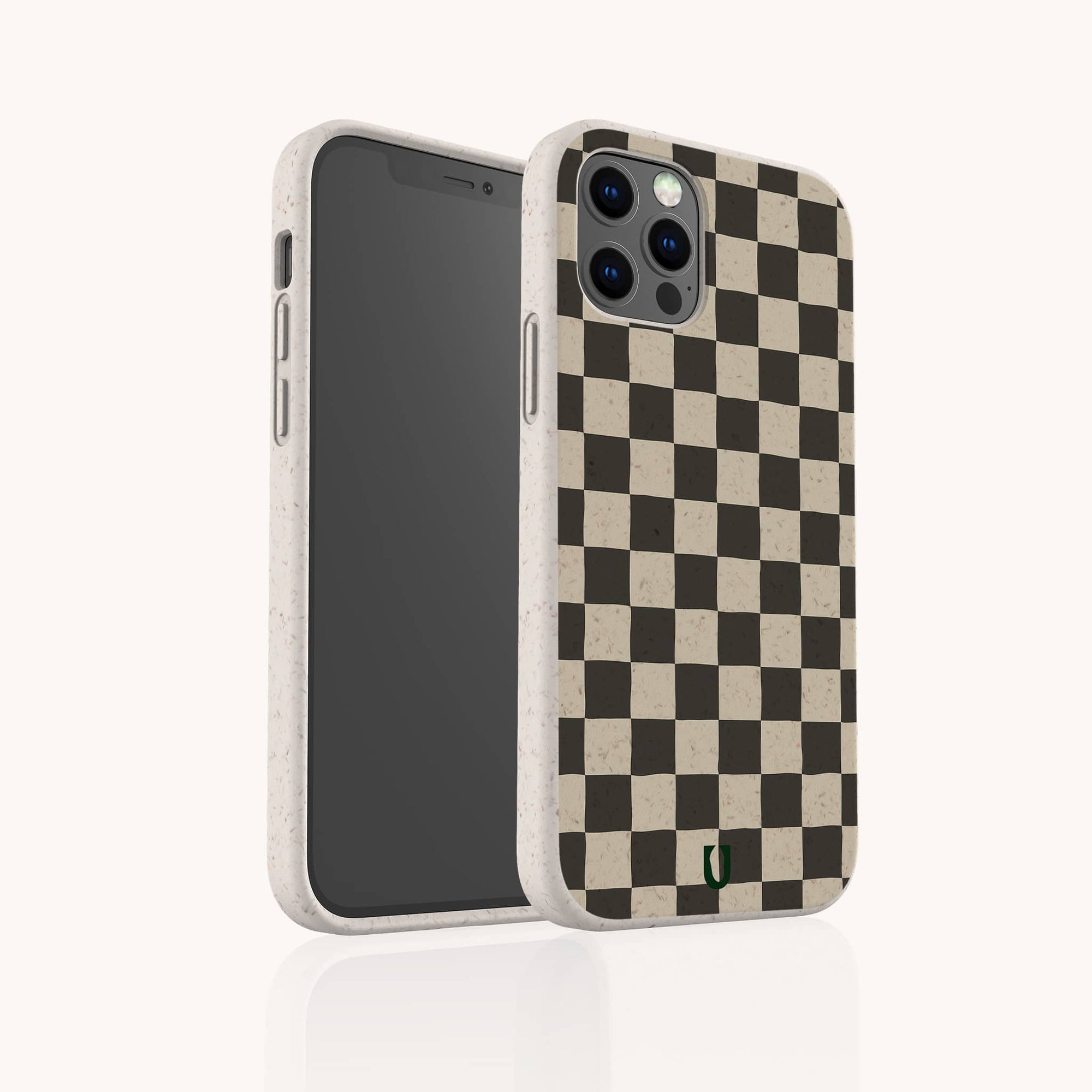 The Black Checker Eco-Friendly Phone Case, shown at an angle, highlights both the front screen of the smartphone and its sustainable black and beige checkerboard design.