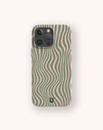 A smartphone with the Green Distorted Lines Eco-Friendly Phone Case, featuring wavy green and beige lines and a small horseshoe logo at the bottom center. The phone is displayed vertically on a light background.