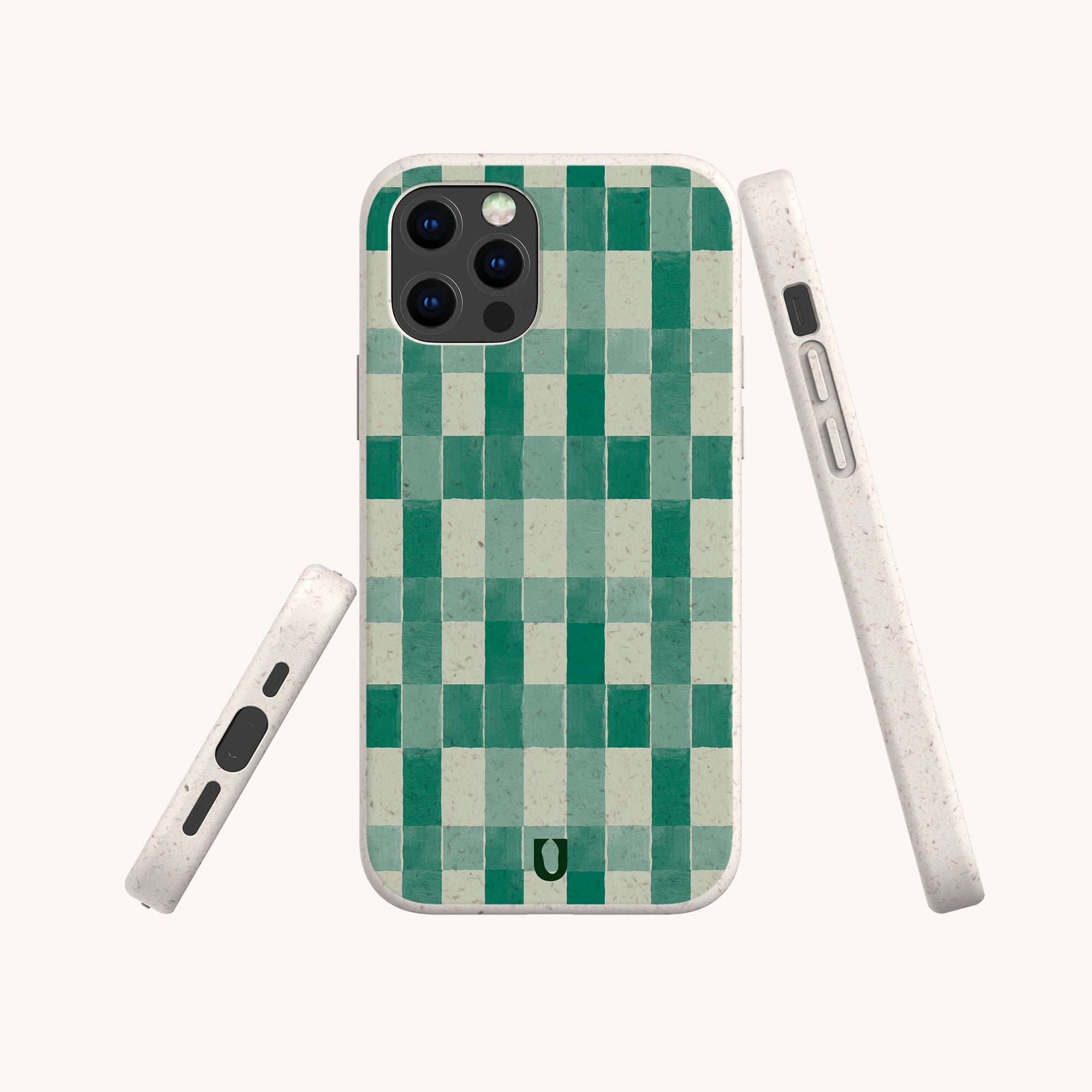 The Green Watercolour Checker Eco-Friendly Phone Case, featuring a green and off-white checkerboard design, is shown on a smartphone from the back, side, and bottom against a white background. Compatible with iPhone and Samsung Galaxy.