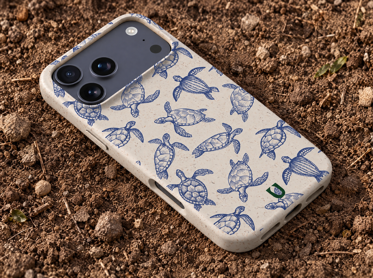 Biodegradable phone case for the iPhone 18 Pro and Pro Max, with a swimming turtles print sitting on a bare ground surface.