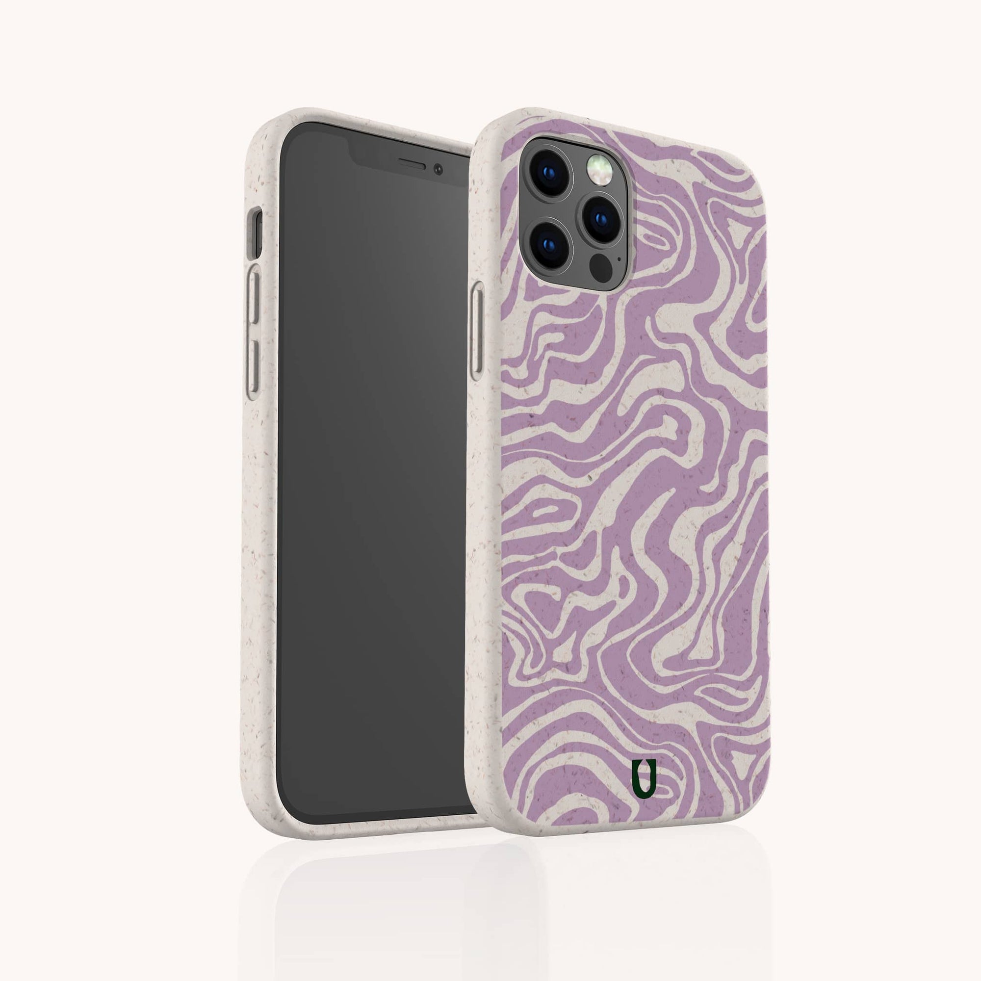 The Purple Marble Swirl Eco-Friendly Phone Case, with a white speckled design and purple marble swirl pattern, fits iPhone and Samsung Galaxy models and is shown against a light background.