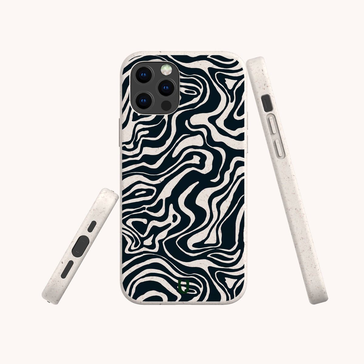 Three views of a smartphone with an eco-friendly phone case featuring a bold black marble swirl pattern. The white case has a small green logo on the bottom.