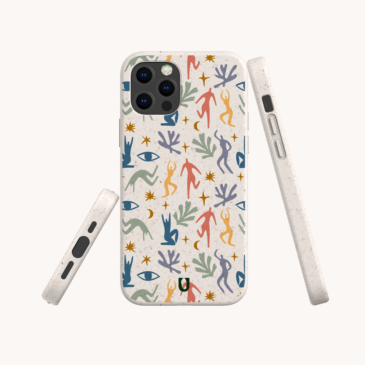 The Joie de Vivre Eco-Friendly Phone Case, decorated with a colorful abstract pattern of human figures, stars, leaves, and eyes on a speckled base, is displayed from the front, side, and back against a plain light background.