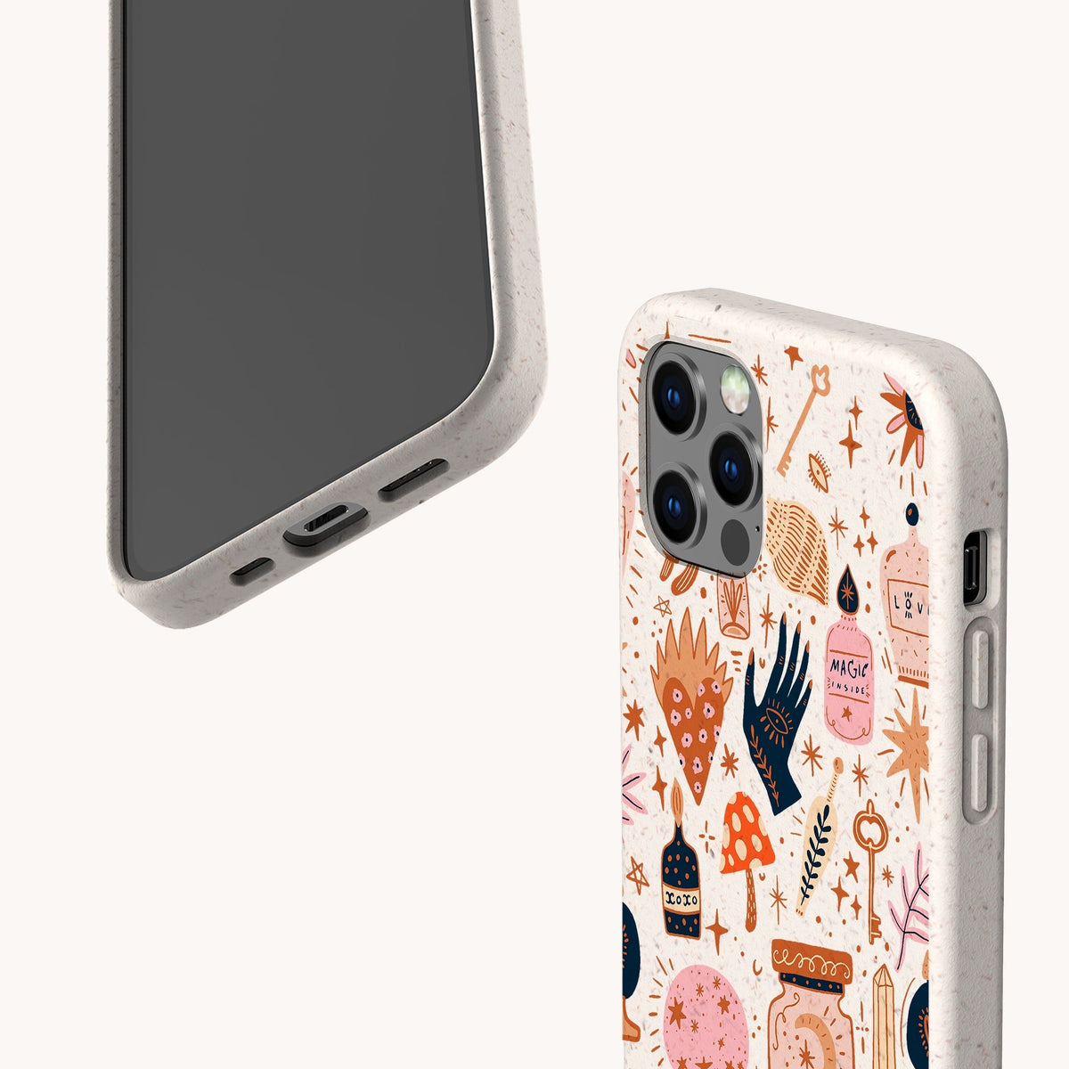 Two smartphones in speckled beige cases; one case—a Love Spell Eco-Friendly Phone Case—features a whimsical, colorful design with hands, stars, bottles, crystals, and plants, while the other remains plain. Set against a white background. Ideal for those embracing zero-waste living.