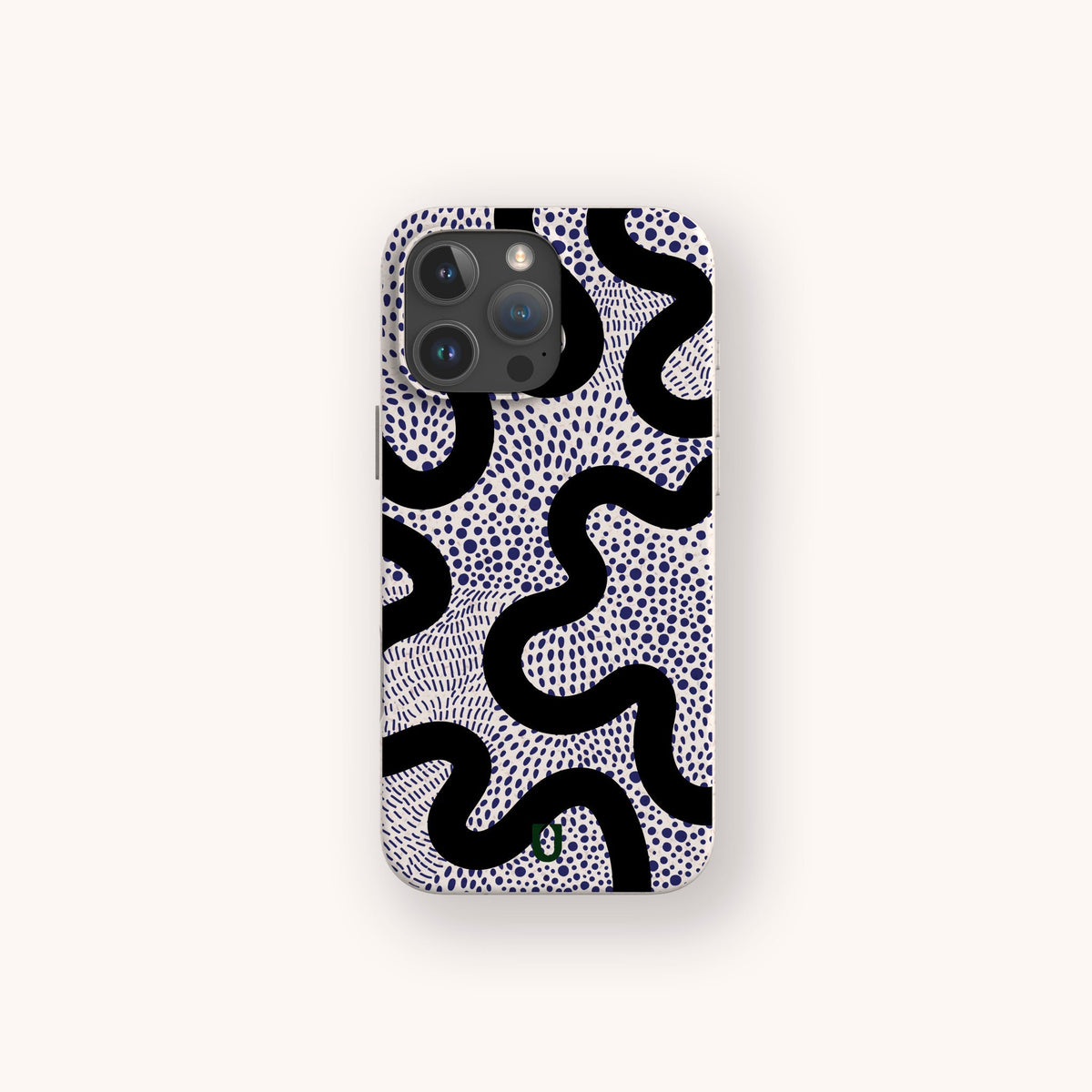 The Speckled Swirl Eco-Friendly Biodegradable Phone Case features an abstract, modern design with wavy black lines and small blue dots on a white background.