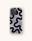 The Speckled Swirl Eco-Friendly Biodegradable Phone Case features an abstract, modern design with wavy black lines and small blue dots on a white background.