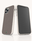 Two smartphones in white cases are shown, one facing forward with a blank black screen and the other displaying the Thin Black Stripes Eco-Friendly Phone Case, featuring vertical black stripes. This minimalist phone case boasts a modern design, perfect for those who appreciate simplicity and style.