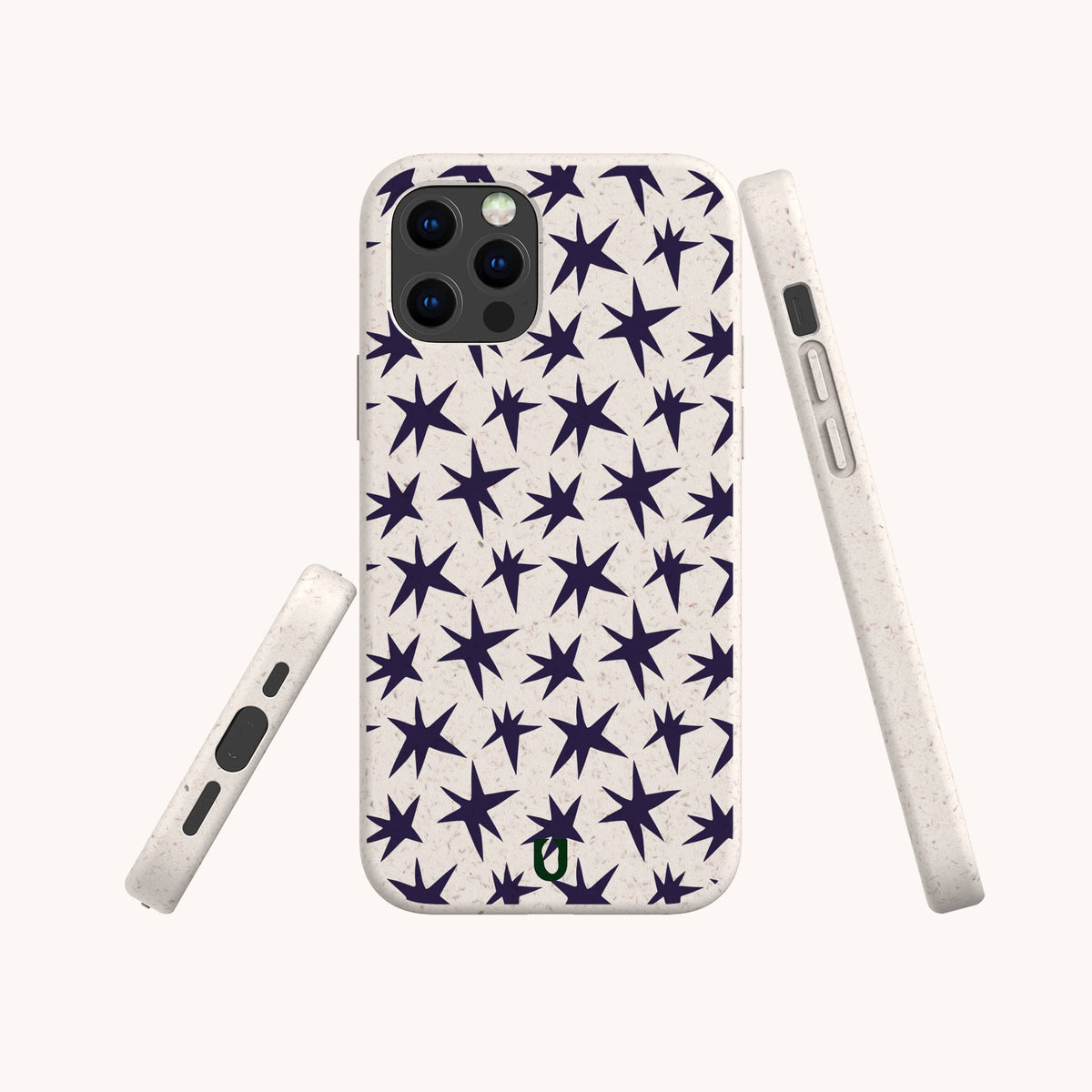 Three Wonky Stars Biodegradable Phone Cases are displayed against a white background, each featuring a dark blue star pattern. The front, side, and bottom views highlight the stylish design, precise cutouts for ports and buttons, and underscore the eco-friendly appeal of this sustainable phone case.