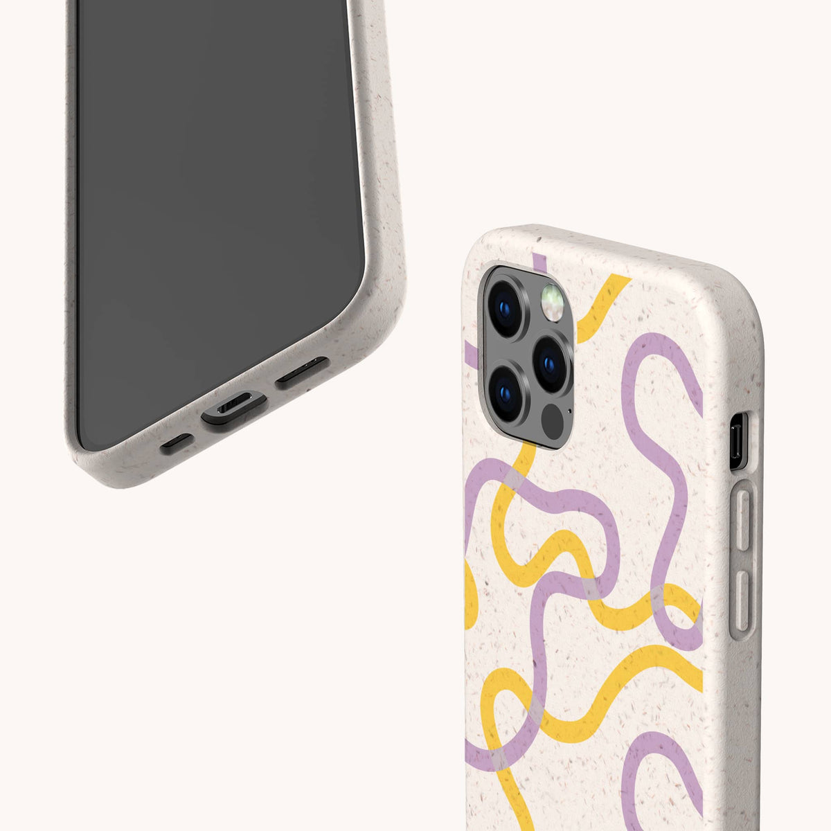 Two smartphones with the Purple and Yellow Swirls Eco-Friendly Biodegradable Phone Case in off-white, featuring artistic abstract wavy yellow and purple lines, are displayed. One phone displays the screen and charging port, while the other shows the back and camera area.