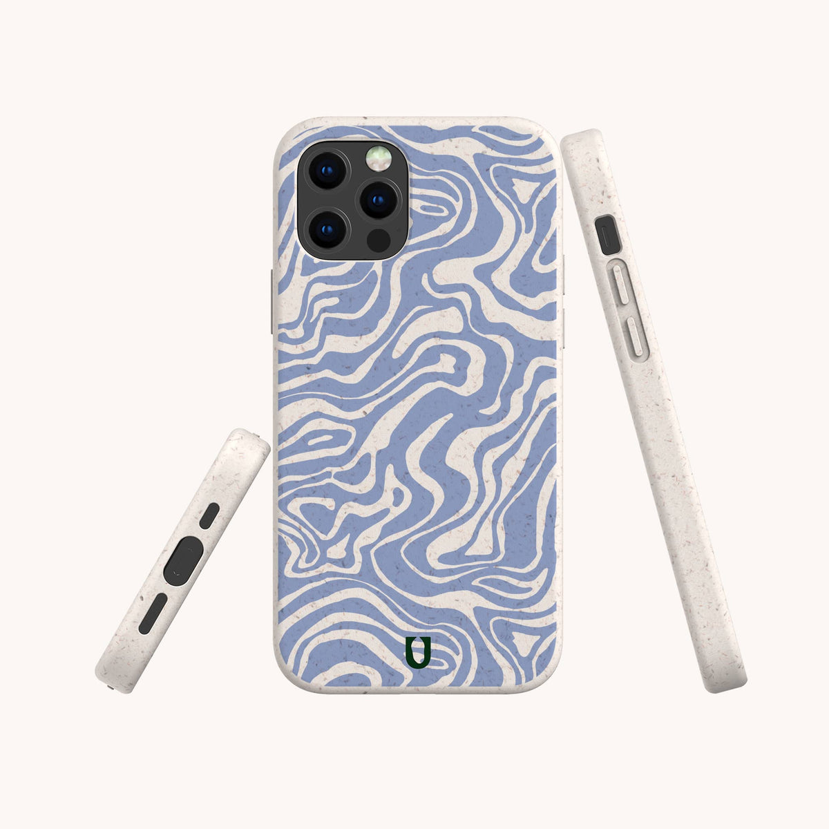 The Blue Marble Swirl Eco-Friendly Phone Case, featuring a blue and white wavy abstract marble pattern, is displayed from three angles—back, side, and bottom—against a plain light background.