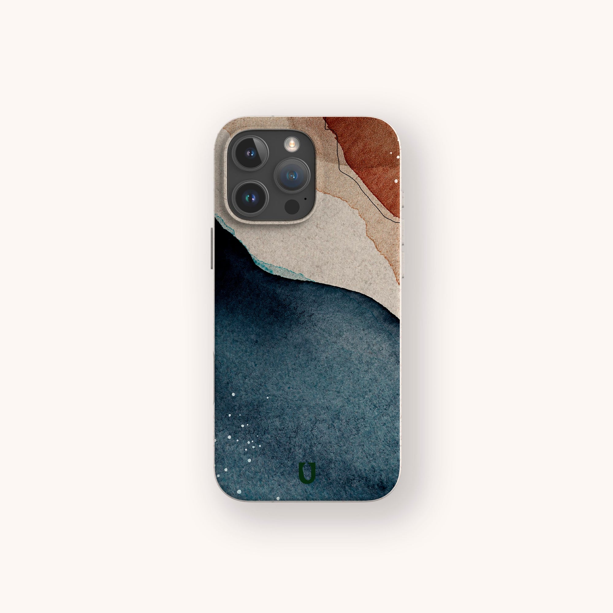 Showcasing the Watercolour Landscape Eco-Friendly Phone Case with an abstract design in dark blue, beige, and brown tones, inspired by watercolor textures. This compostable case is displayed on a plain light background.