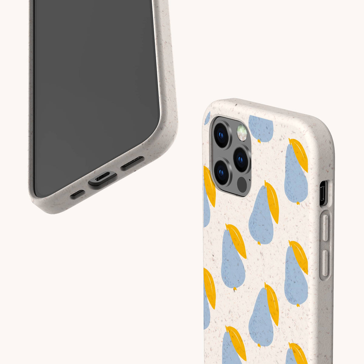 Two views of a smartphone in the Pears Biodegradable Eco-Friendly Phone Case, featuring a speckled off-white design with blue and yellow pears. One phone displays the camera and case pattern, while the other shows the screen and accessible side ports.