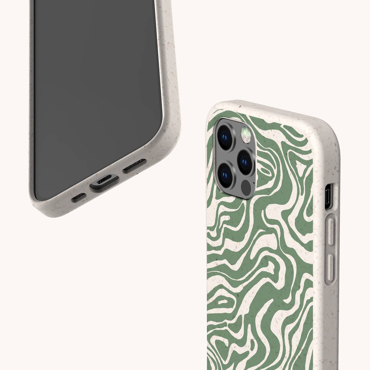Two smartphones with beige-speckled, sustainable cases are shown on a light background. One phone features the Green Marble Swirl Eco-Friendly Phone Case, displaying a green and white abstract wavy pattern reminiscent of marble; the other case is plain. Both highlight the camera and charging ports.
