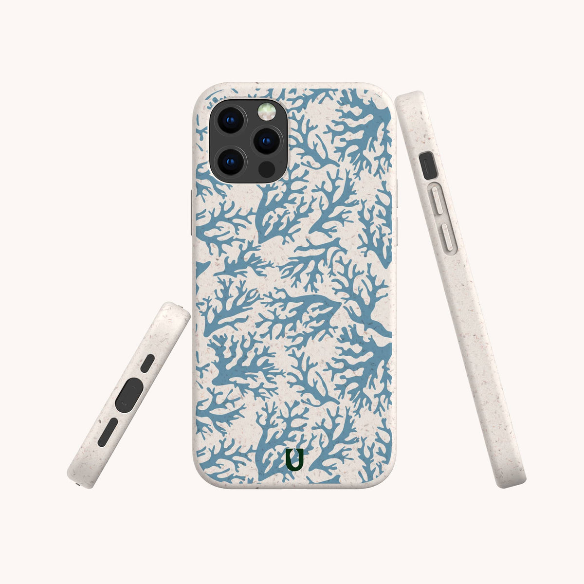 Three views of the Blue Coral Eco-Friendly Phone Case, featuring a marine-inspired blue coral pattern on a white background, shown from the back, side, and bottom. This biodegradable phone case includes precise cutouts for the buttons, camera, and charging port.