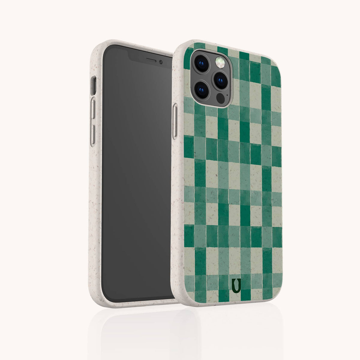 Two smartphones with cases are shown. The Green Watercolour Checker Eco-Friendly Phone Case features a green and light beige checkerboard tile pattern and is compatible with both iPhone and Samsung Galaxy models. One phone is facing forward, displaying the screen, while the other is angled to showcase the patterned back.
