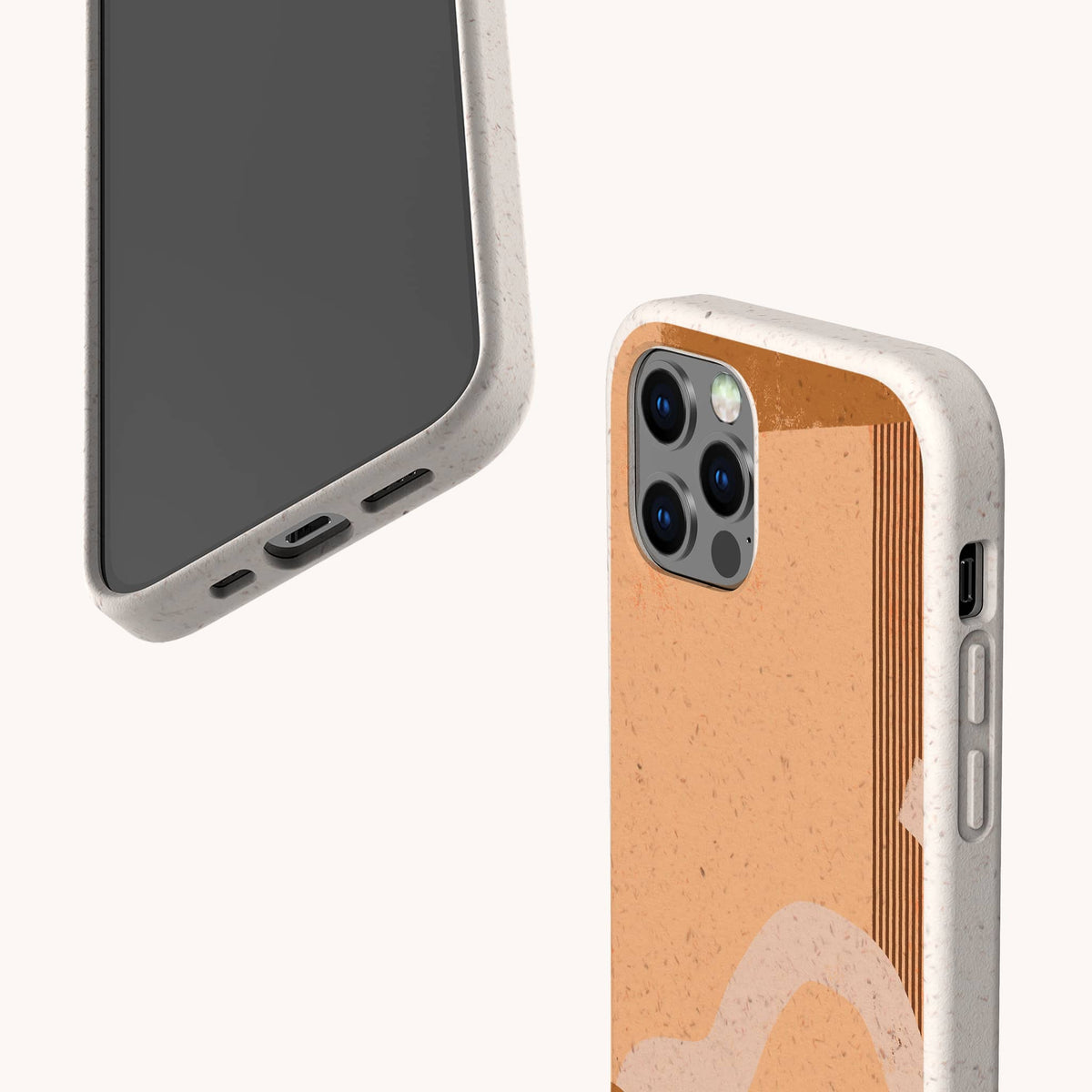 Two smartphones in beige cases featuring a tan terracotta abstract strokes design. One device displays the front screen and charging port, while the other highlights the back with triple camera lenses. Both phones are protected by Terracotta Abstract Strokes Eco-Friendly Biodegradable Phone Cases, which have a textured finish for a sustainable, eco-conscious look.