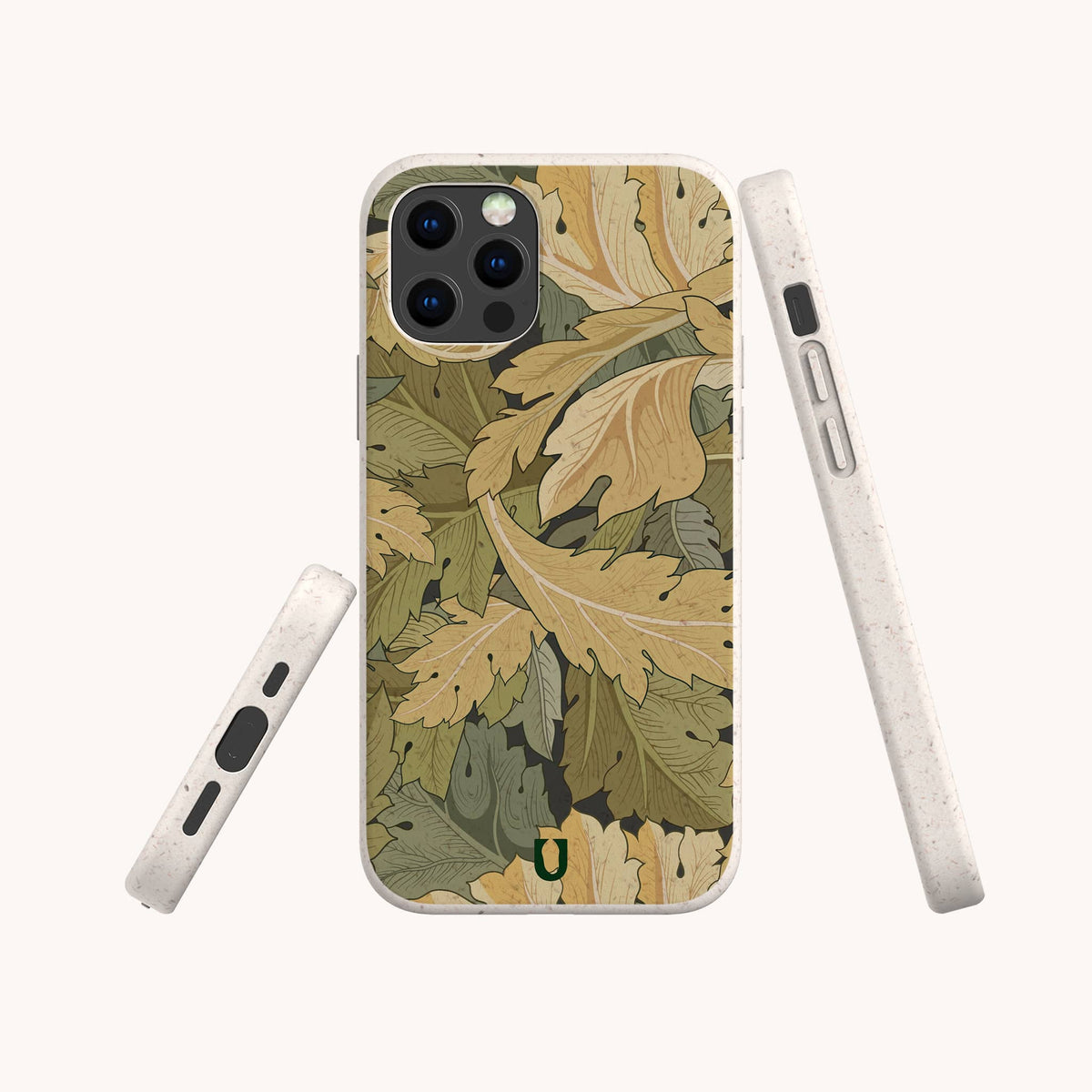 Showcased from three angles—back, side, and bottom—the Flower Garden Eco-Friendly Phone Case features a green, tan, and yellow leaf pattern on an off-white background. A small green horseshoe logo is positioned at the bottom center of the case, emphasizing its thoughtful design.