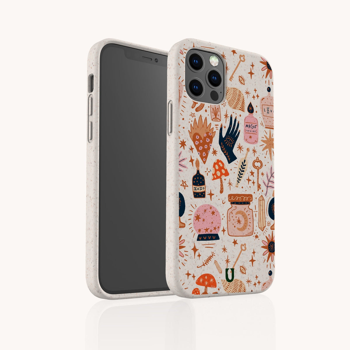 Two Love Spell Eco-Friendly Phone Cases in beige, showcasing a whimsical design with stars, hands, flowers, birds, and magical symbols in pink, navy, and orange—displayed on and off a smartphone against a white background—ideal for anyone committed to zero-waste living.