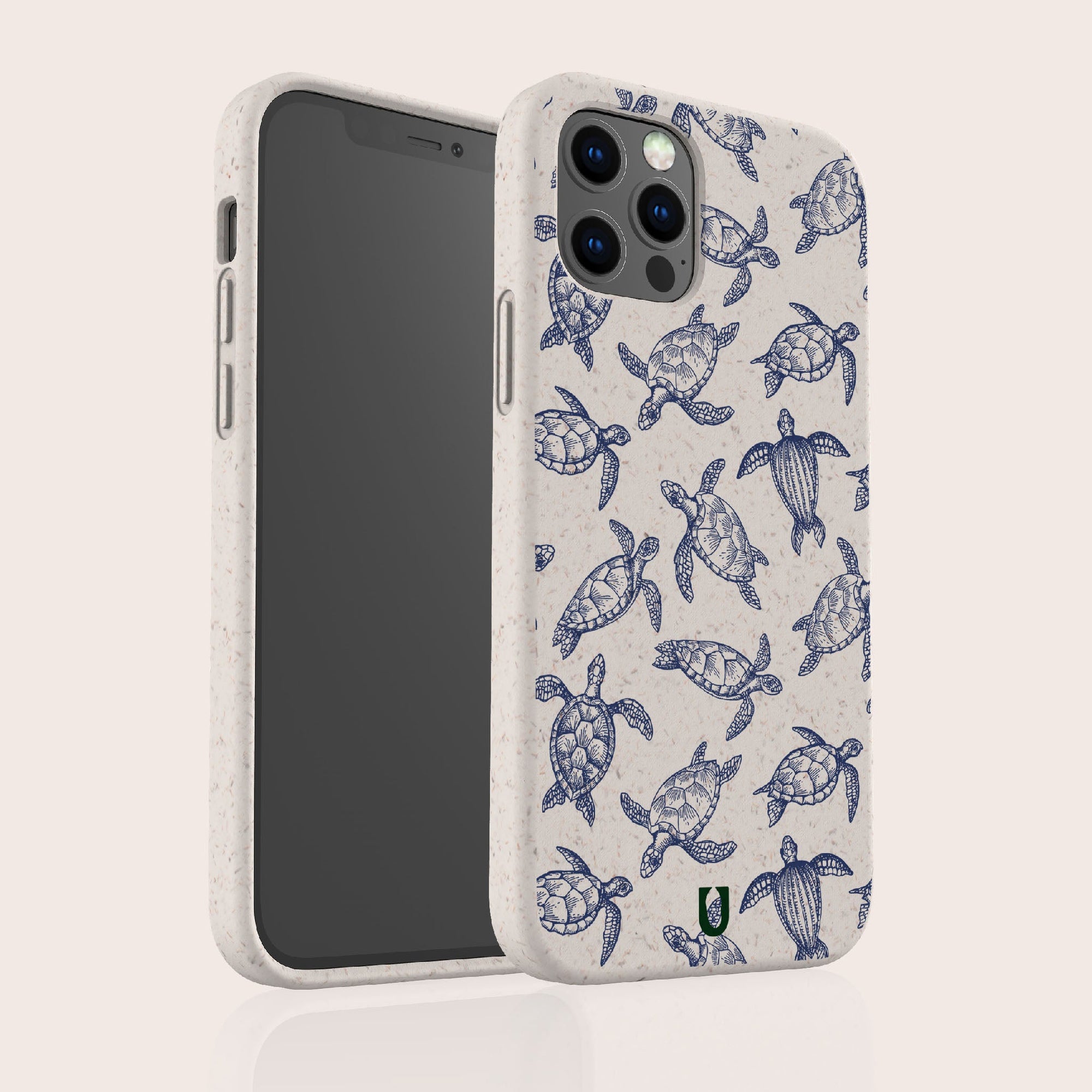 The Turtles Eco-Friendly Phone Case is made from sustainable materials in beige with blue sea turtle designs, small speckles, and a smooth finish covering your smartphone's back and sides.