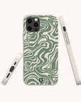 Three views of the Green Marble Swirl Eco-Friendly Phone Case are shown against a plain background, highlighting its white and green marble design and the case’s thickness from different angles.