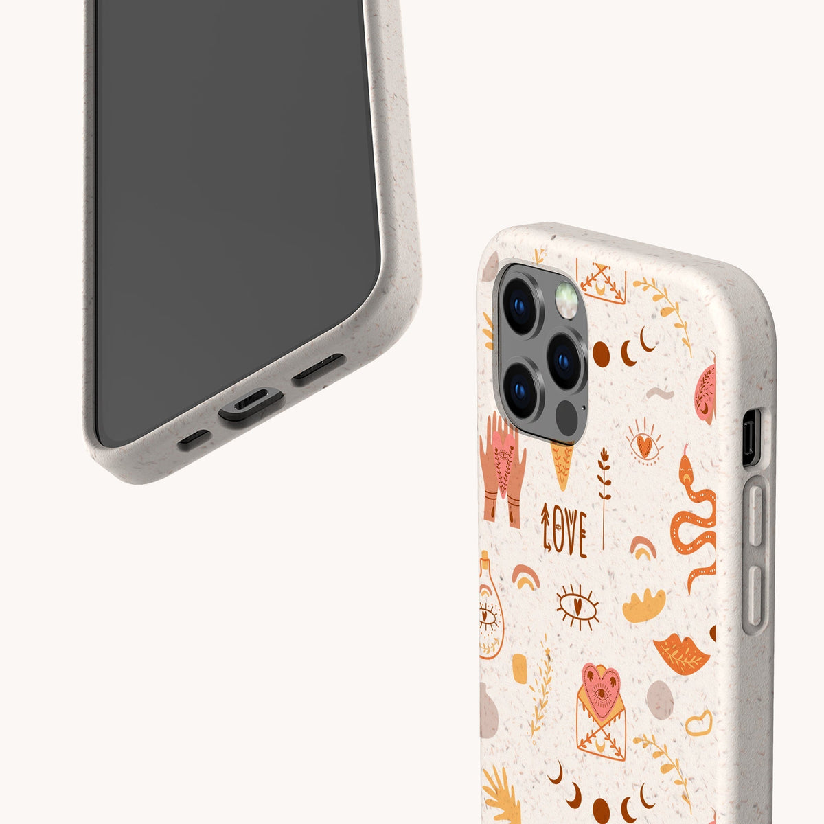 Two smartphones in beige cases; one showcases the Love Potion Eco-Friendly Phone Case adorned with a playful heart pattern featuring hearts, eyes, leaves, hands, and the word LOVE in red and orange hues—perfect for sustainable gifting—while the other case remains plain. The background is off-white.