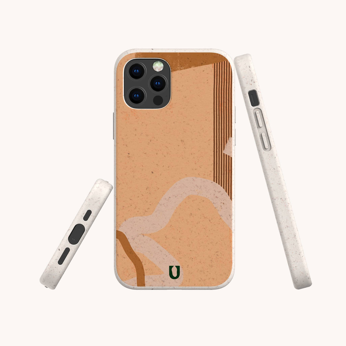A smartphone displayed from the back, side, and edge angles features the Terracotta Abstract Strokes Eco-Friendly Biodegradable Phone Case in beige, decorated with abstract wavy lines and a small green U logo at the bottom.