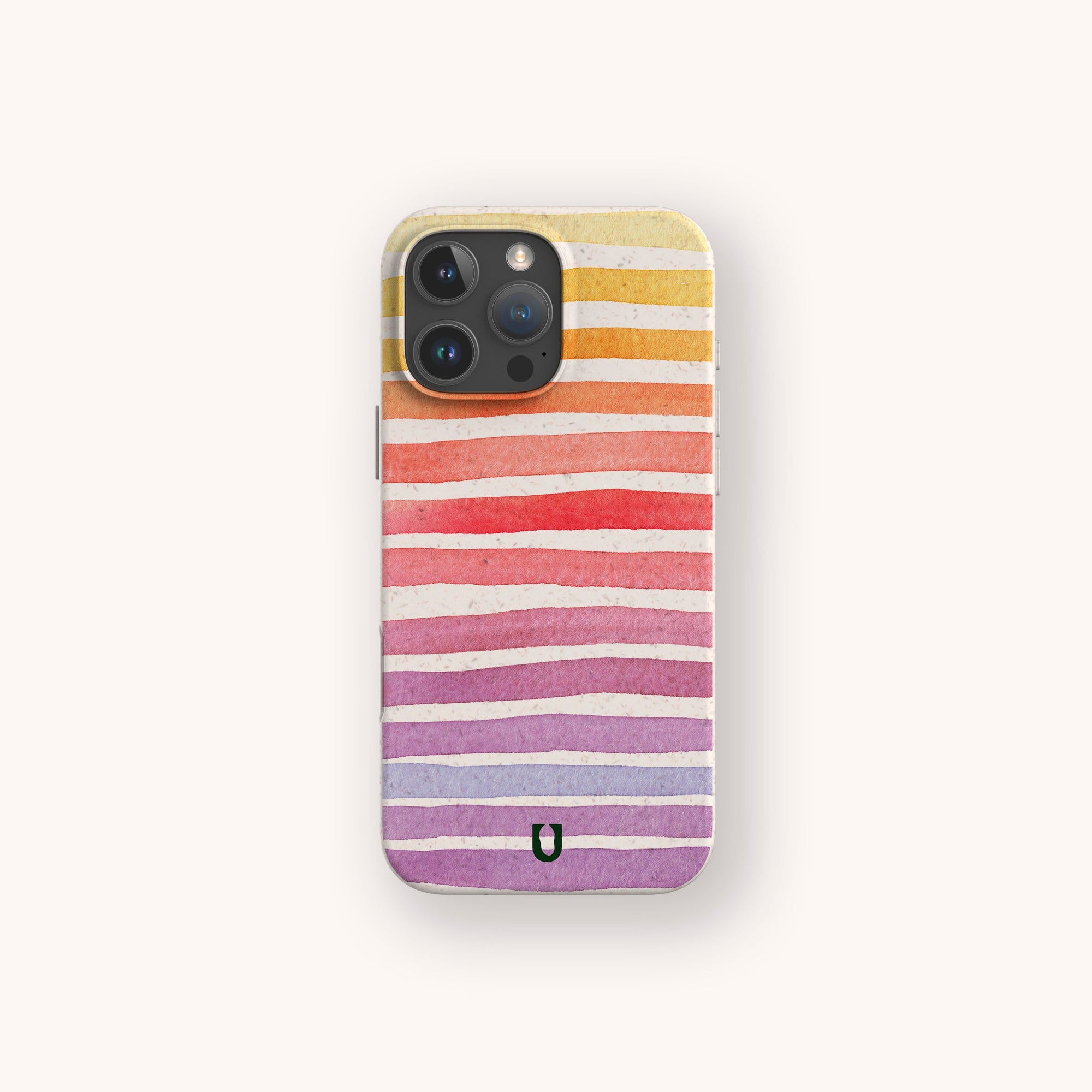 The Summer Rainbow Eco-Friendly Phone Case features horizontal, uneven stripes in a color gradient from yellow at the top to purple at the bottom, shown against a neutral light background.