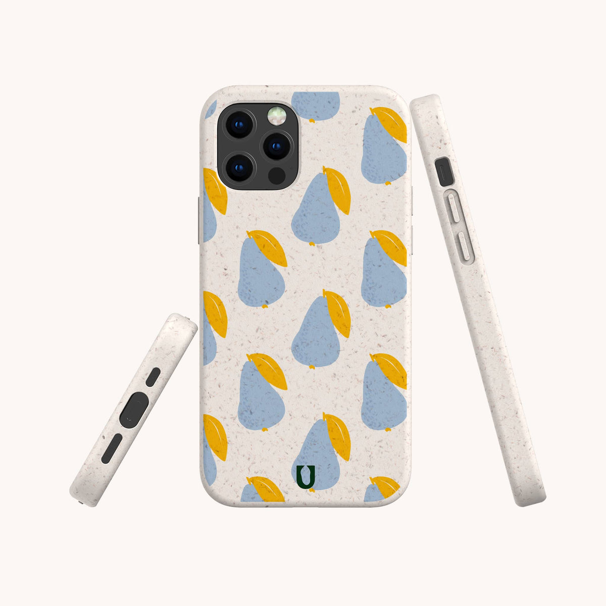 Four Pears Biodegradable Eco-Friendly Phone Cases, each with a speckled beige background and a repeating pattern of blue and yellow pears, are displayed from various angles to showcase their sustainable design on all sides.