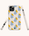 Four Pears Biodegradable Eco-Friendly Phone Cases, each with a speckled beige background and a repeating pattern of blue and yellow pears, are displayed from various angles to showcase their sustainable design on all sides.