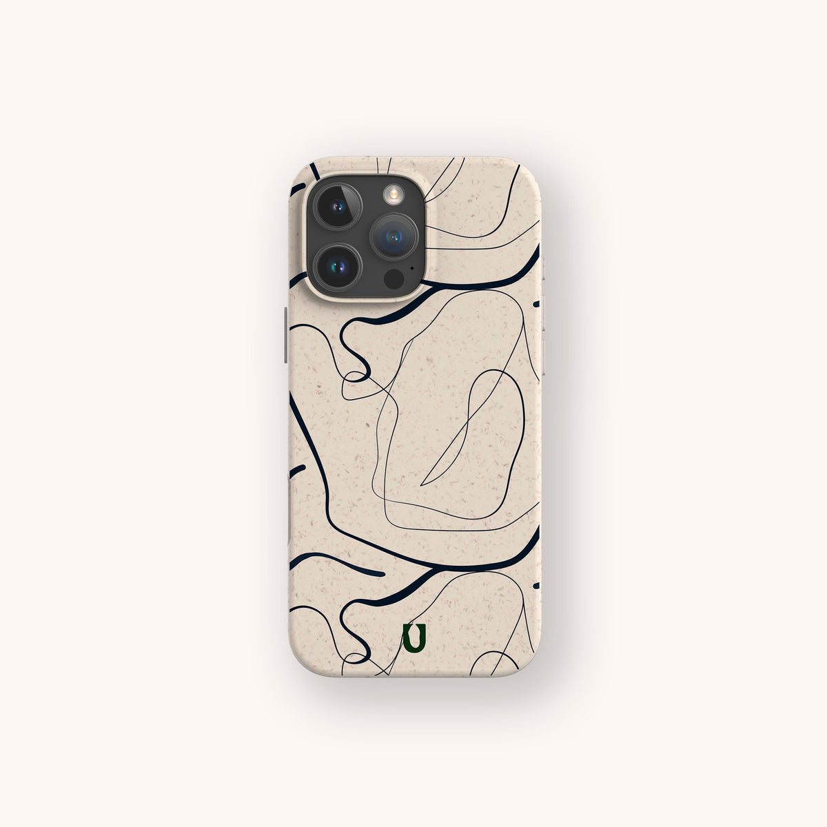 The Abstract Swirling Lines Eco-Friendly Phone Case features a beige design with black and blue abstract swirling lines in line art, complemented by a small green horseshoe-shaped symbol at the bottom. This stylish case is compatible with both iPhone and Samsung Galaxy models.