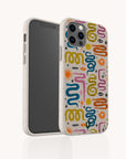 Two smartphones with Year Of The Snake Eco-Friendly Biodegradable Phone Cases in beige, featuring vibrant abstract patterns such as squiggles, eyes, dots, and stars, are displayed upright on a white reflective surface. These cases combine unique style with environmental consciousness for a standout eco-friendly accessory.