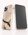 Two smartphones with Beige Abstract Eco-Friendly Phone Cases—one displays the abstract wavy back, the other the black front. Made from biodegradable materials, these cases fit iPhone and Samsung Galaxy models.