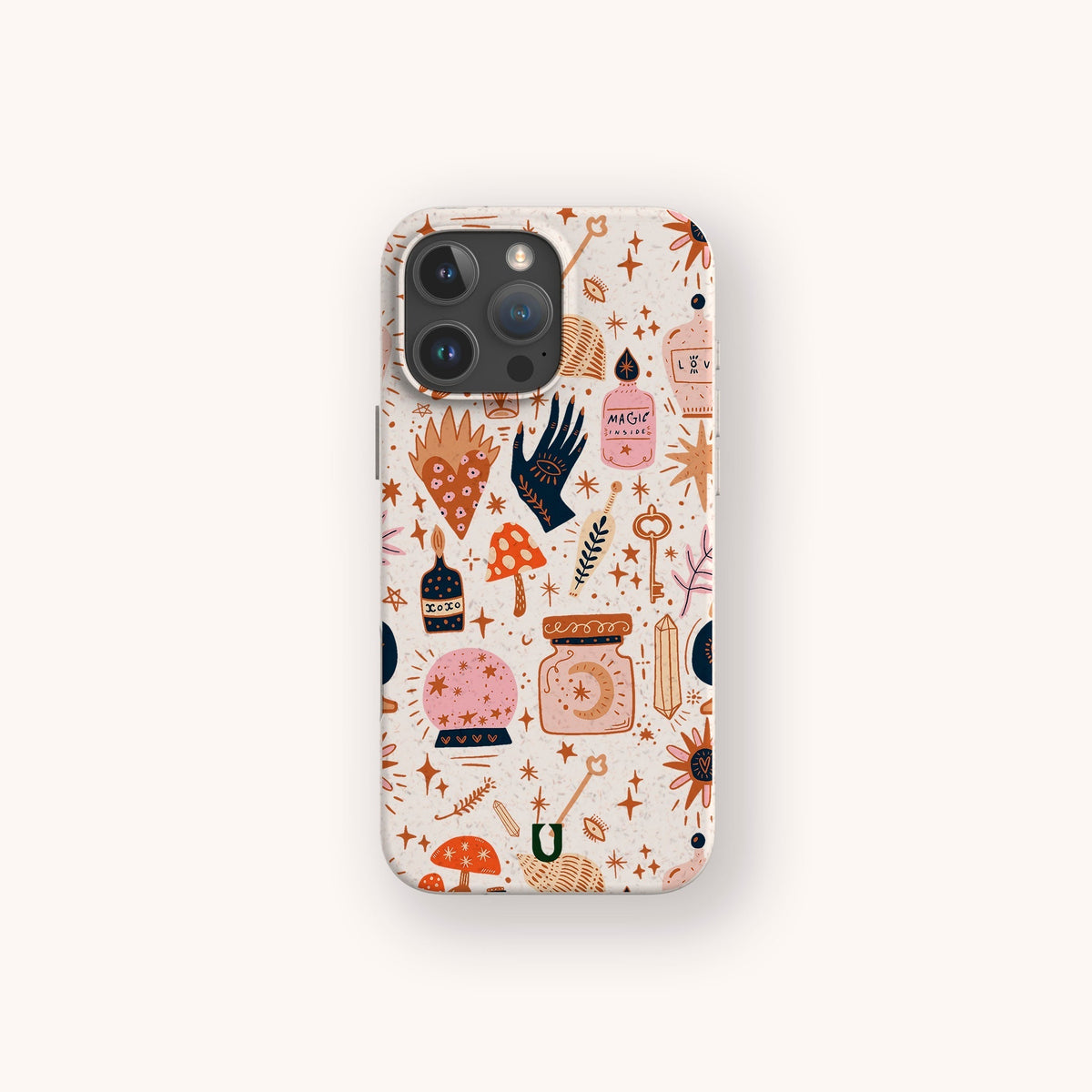 The Love Spell Eco-Friendly Phone Case is a biodegradable smartphone case adorned with whimsical illustrations of magical objects like potions, mushrooms, candles, stars, crystals, and hands on a light background.