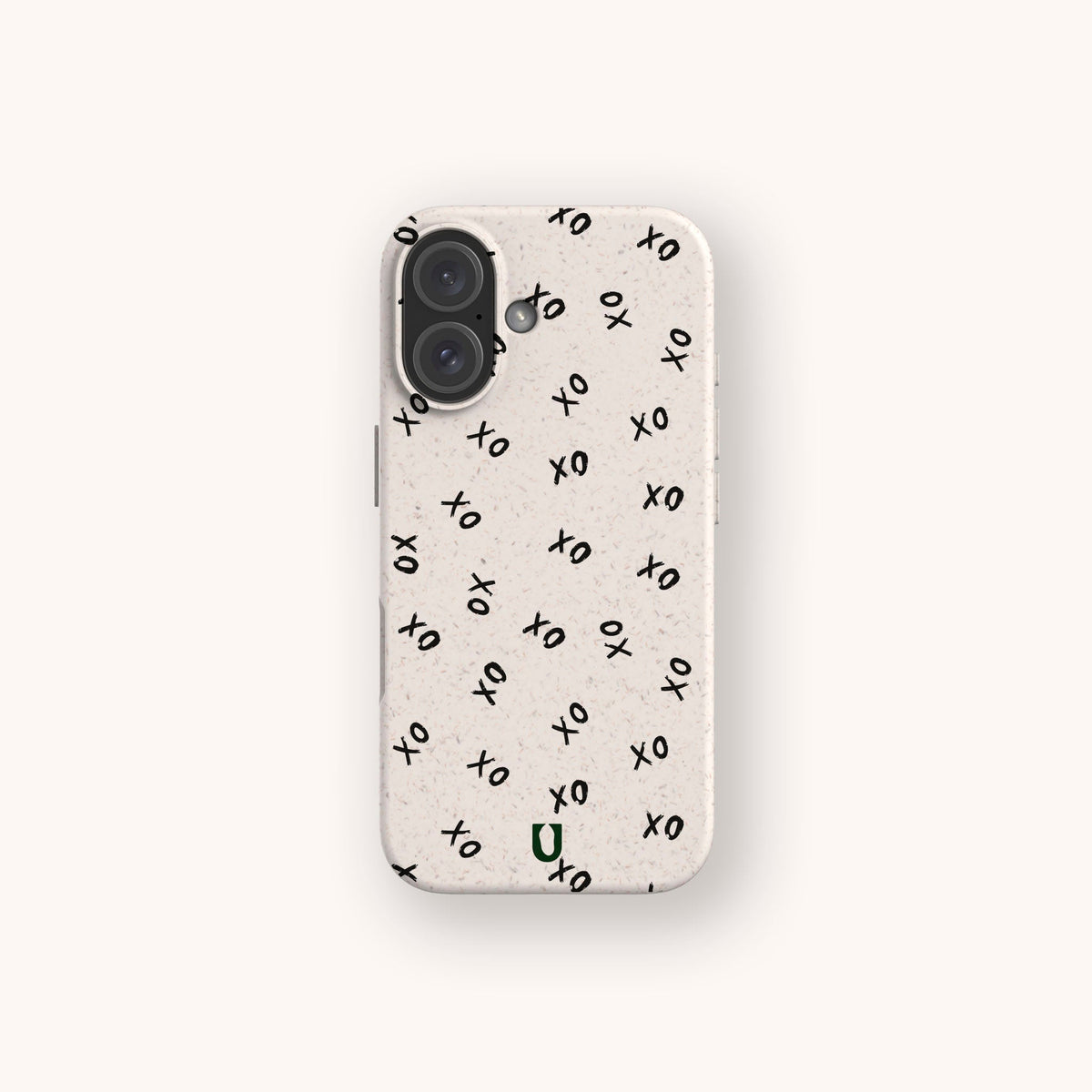 The Xo Xo Eco-Friendly Biodegradable Phone Case features a beige, plant-based design with a repeating black XO pattern and a small green U symbol near the bottom center. Stylish and sustainable, this phone case is an eco-friendly choice.