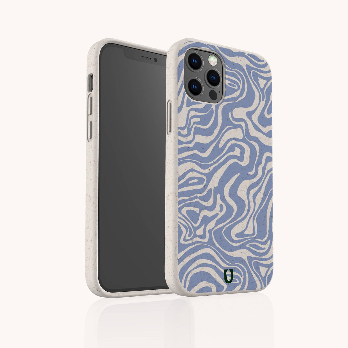 The Blue Marble Swirl Eco-Friendly Phone Case is shown in beige and blue with wavy abstract lines, displayed at an angle to highlight both the front screen of the smartphone and the back of the case.