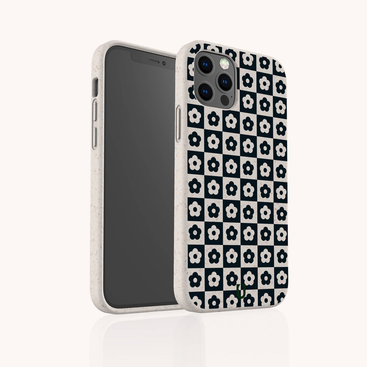 Two smartphones in Black Flower Checker Eco-Friendly Phone Cases are shown against a plain background. One phone displays the screen, while the other shows the back, highlighting the repeating black-and-white floral checker design of these eco-friendly cases.