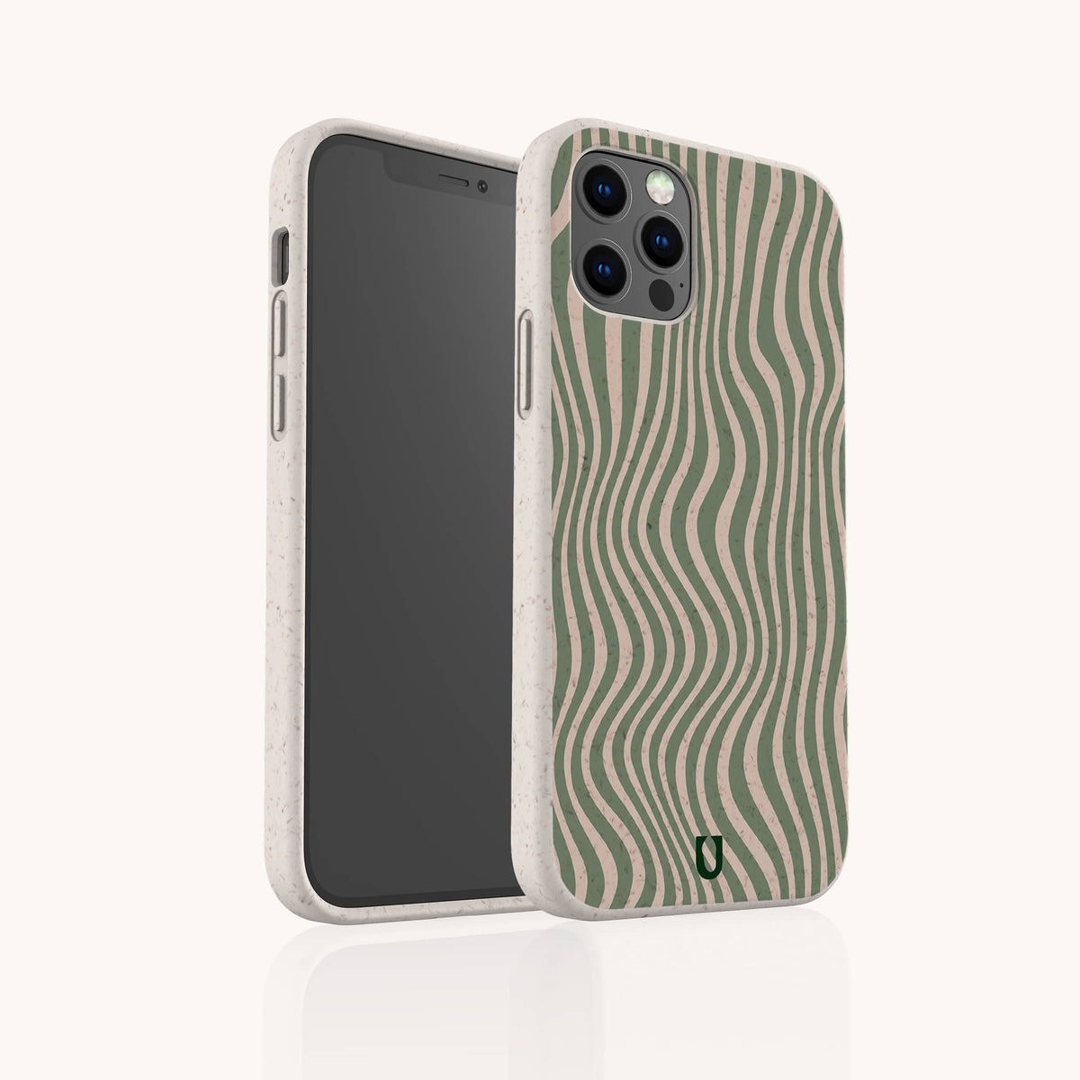 The Green Distorted Lines Eco-Friendly Phone Case, featuring beige and green wavy stripes and a textured look, is shown upright partially covering another phone; its sustainable design includes cutouts for buttons and cameras and is compatible with both iPhone and Samsung models.